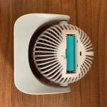 back of the fan, with the battery compartment cover removed to shop the replaceable, rechargeable battery