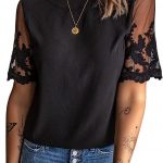 Aleumdr Women Lace Tops Round Neck Short Sleeve Blouse Product Image