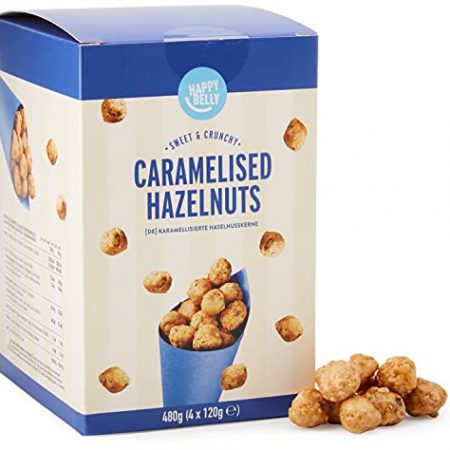 Amazon Brand – Happy Belly Caramelised Hazelnuts, 120g x 4 Amazon Brand – Happy Belly Caramelised Hazelnuts, 120g x 4 – So yummy, a challenge not to eat too many!